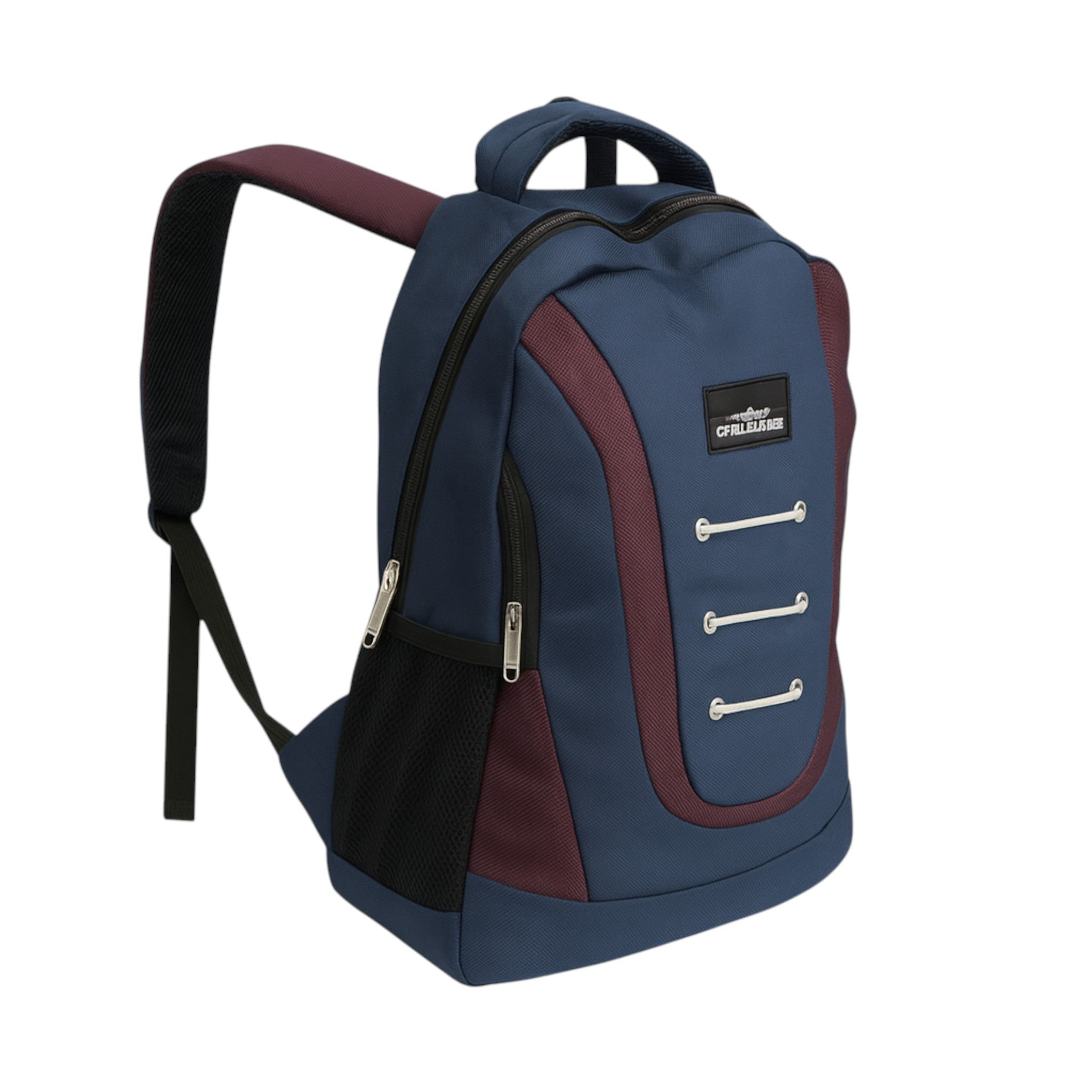 Navy and purple Everyday Challenger dual compartment backpack with padded shoulder straps, side mesh pockets, and durable water-resistant fabric – ideal for school, work, or travel.